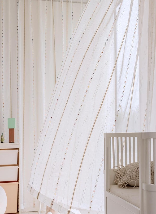 SUOUO Colorful Embroidered Striped Boho White Sheer Curtains for Living Room 96 inches Long 2 Panels Rod Pocket Light Filtering Window Drapes for Bedroom Dining - Image 4
